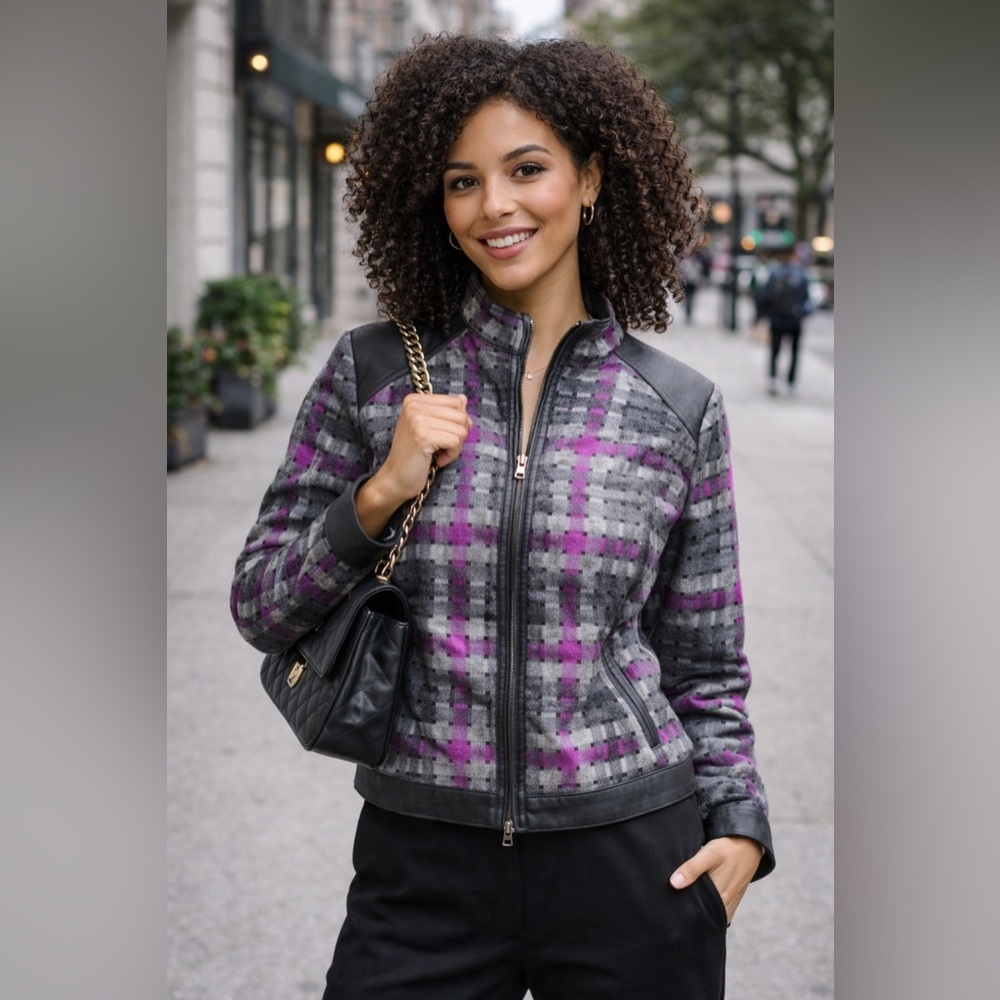 Carlisle Women's Plaid Bomber Jacket in Gray and Purple 10
